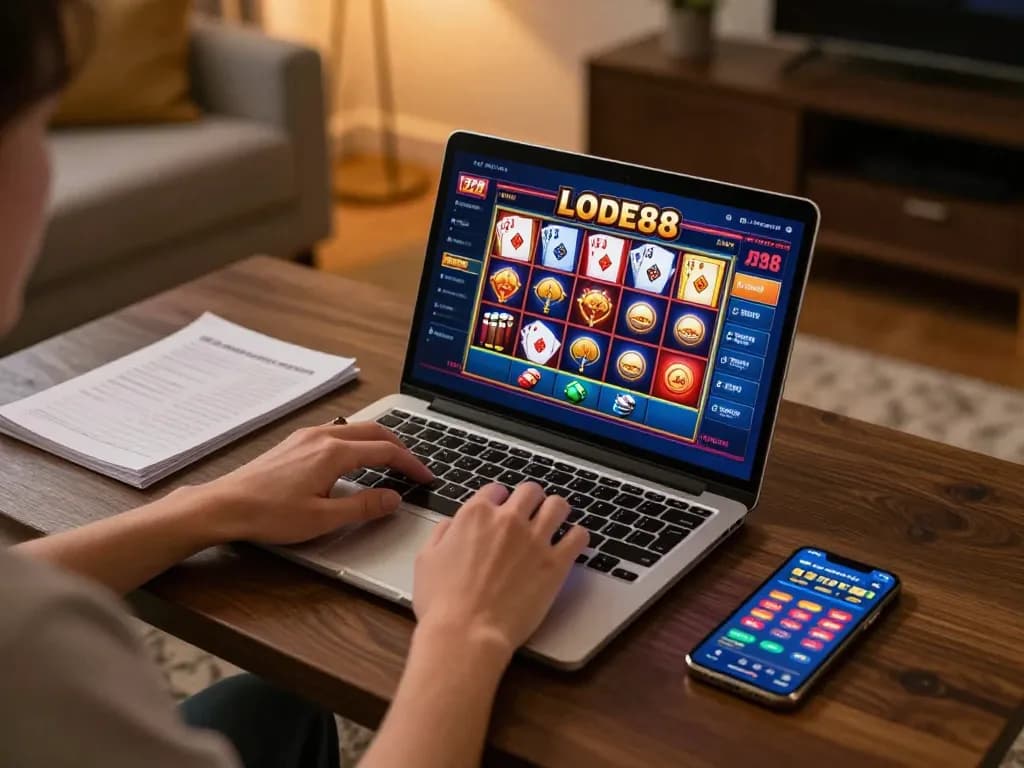 Playing LODE88 online poker on a laptop in a cozy home setting with strategy notes.