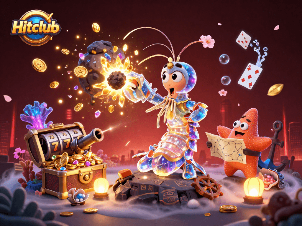 Hitclub showcases a vibrant casino scene with a mantis shrimp and treasure, enhancing gambling excitement.