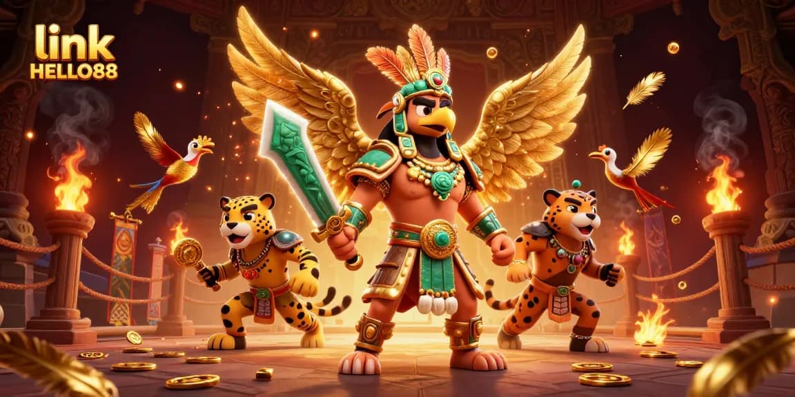 Experience thrilling gameplay with link HELLO88 at the vibrant Aztec-themed casino illustration.