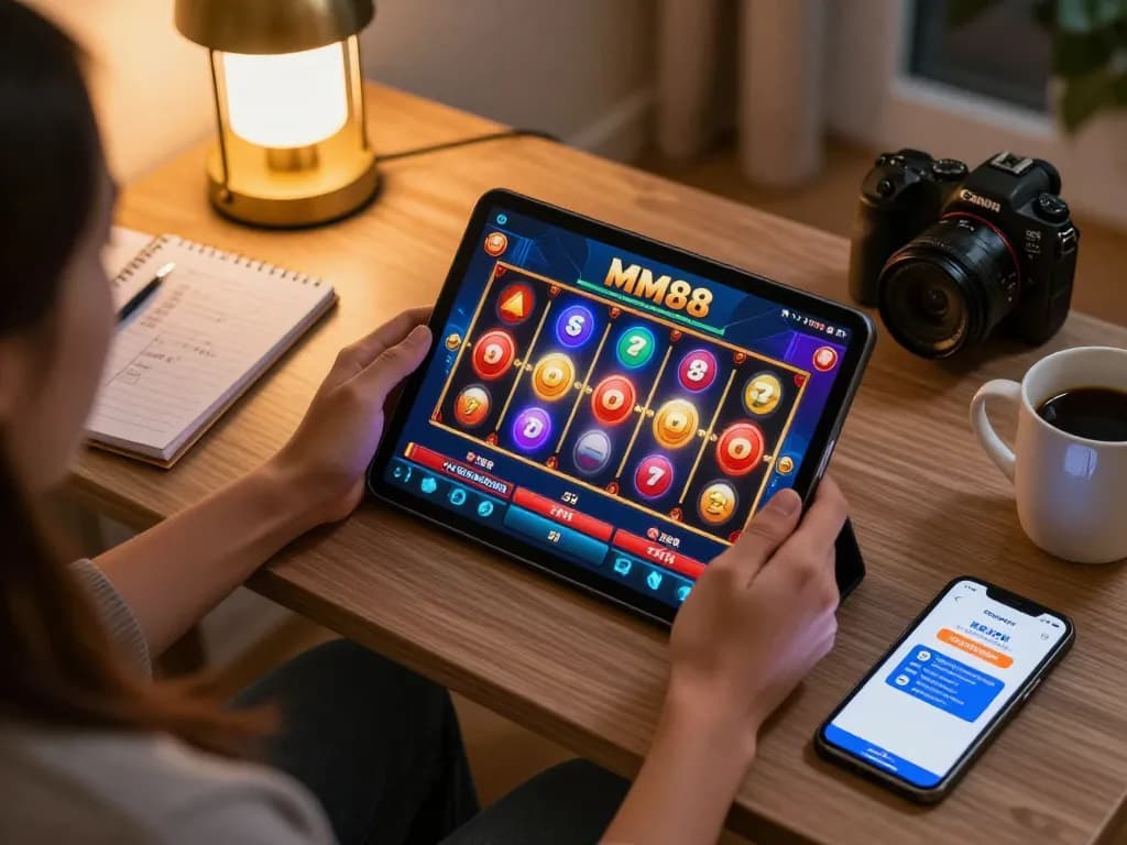 Engaging with the MM88 casino app for exciting slot gameplay in a cozy home setting.