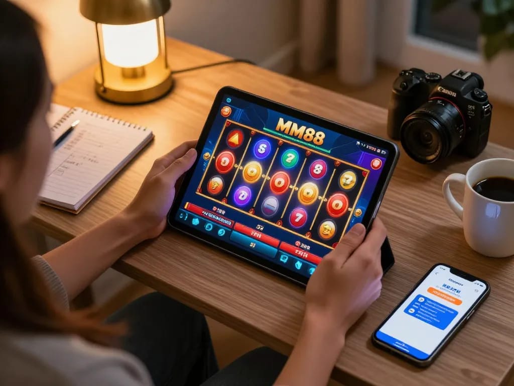 Engaging with the MM88 casino app for exciting slot gameplay in a cozy home setting.