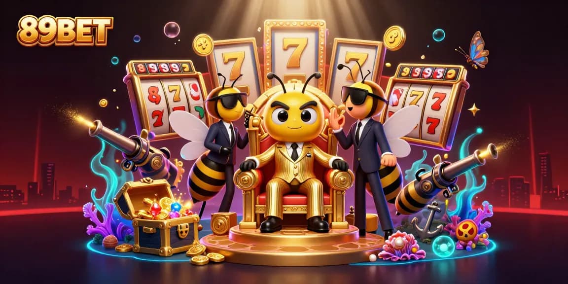 Experience 89BET's immersive gambling with colorful slot reels and golden treasures in a lively casino scene.