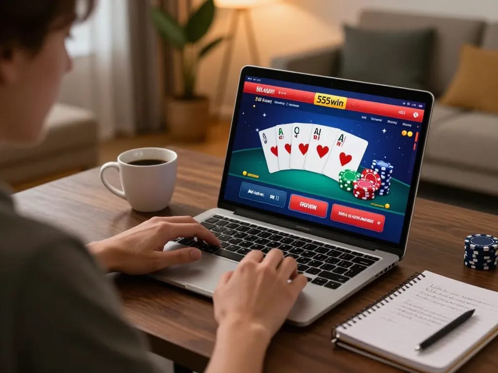 Player engaging with 555win online casino setup, focused on poker gameplay with strategy notes