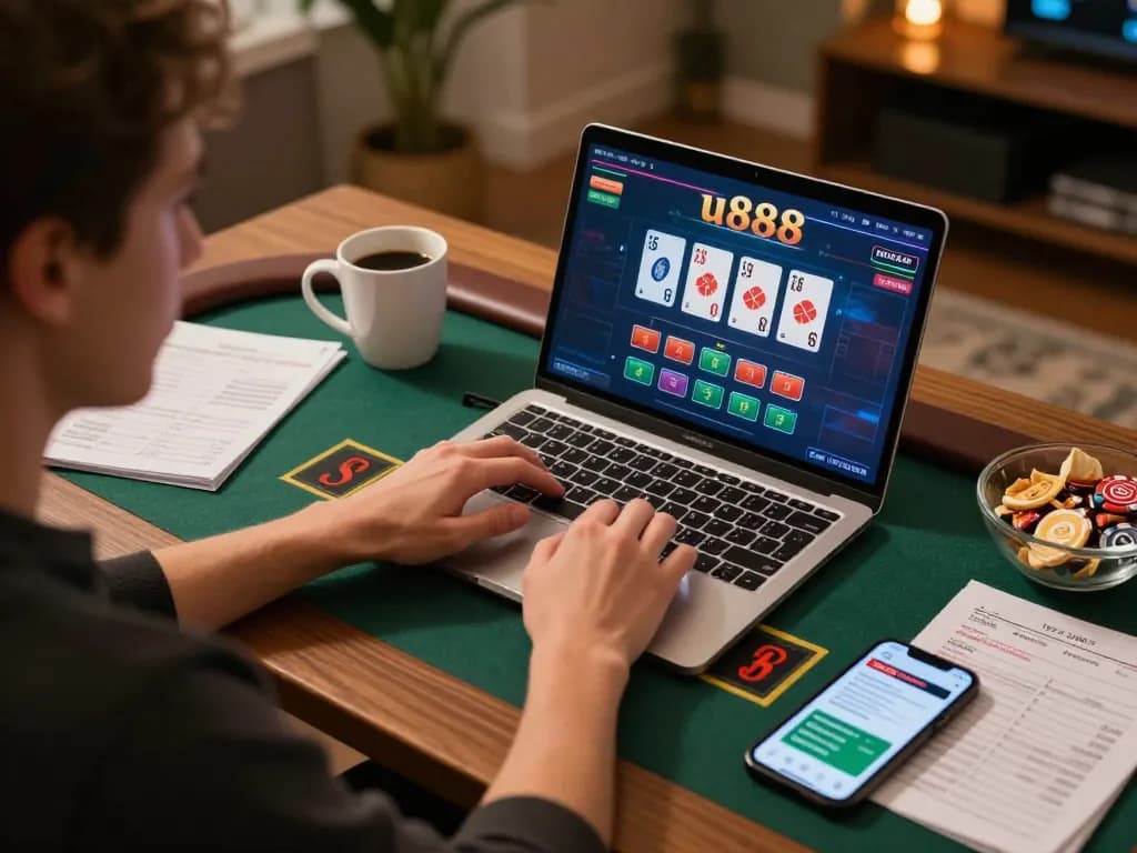 Enjoying an online blackjack game on u888 from a cozy home setup with strategic notes.