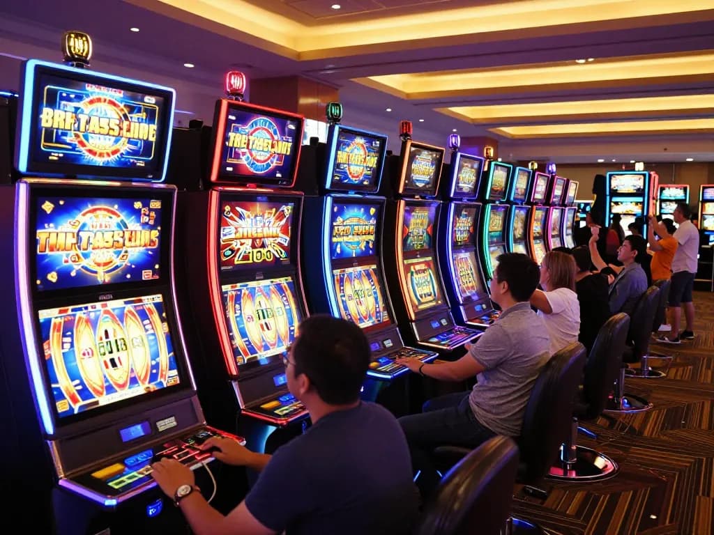 Players engaging with vibrant slot88 machines in a lively casino atmosphere, showcasing excitement and variety.