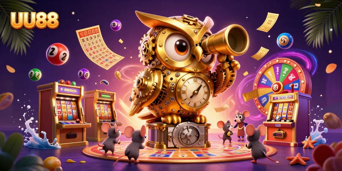 UU88 interactive casino scene with cartoon characters exploring games and prizes.