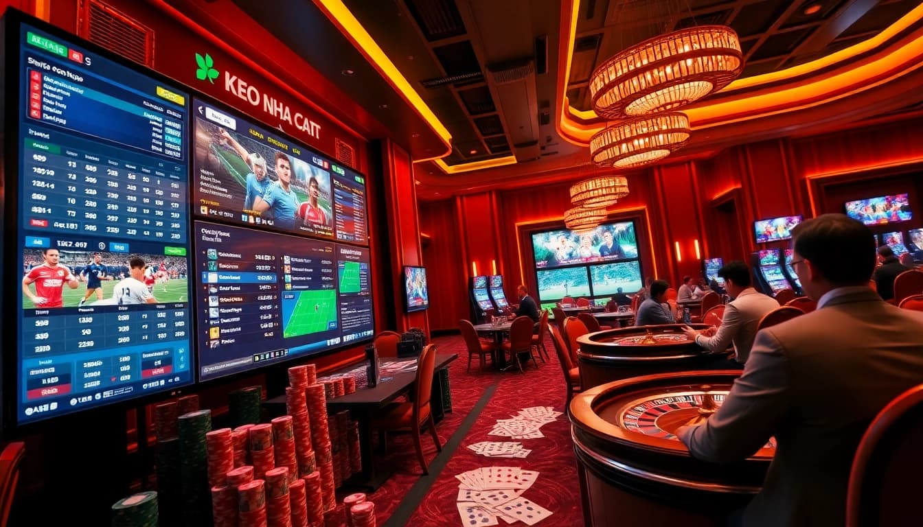 Betting excitement with keo nha cai 5 displayed on screens, surrounded by casino elements like cards and chips.
