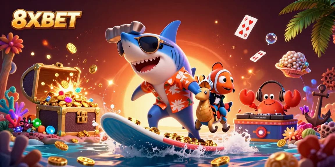 Engage in thrilling gaming experiences at 8XBET, featuring an exciting underwater scene filled with vibrant casino elements.