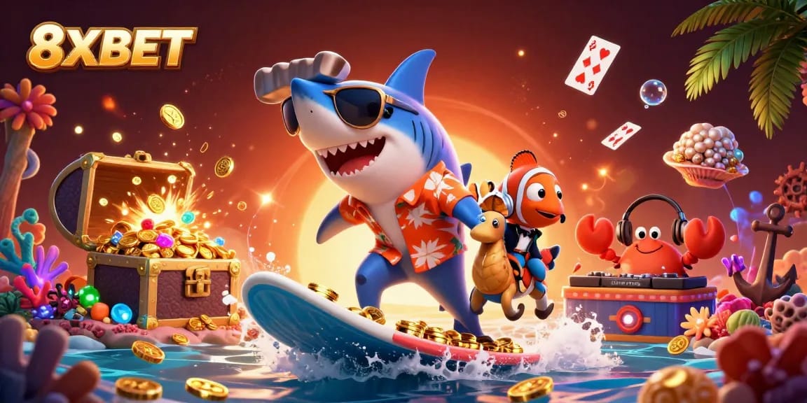 Engage in thrilling gaming experiences at 8XBET, featuring an exciting underwater scene filled with vibrant casino elements.