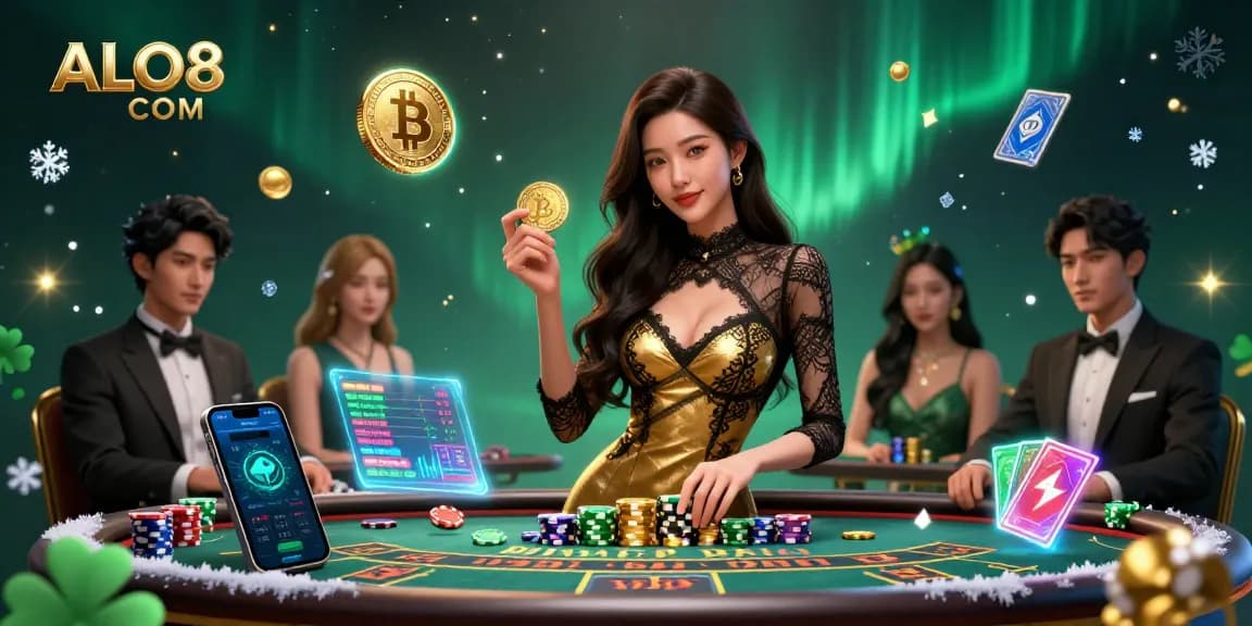Bet on ALO8 COM to win at the glamorous VIP baccarat table filled with golden casino chips and crypto elements.