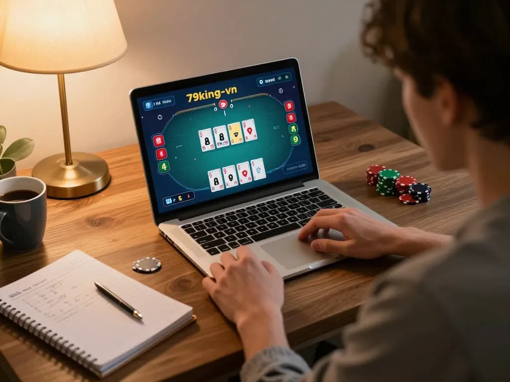 Engaging in an online poker game on 79king-vn, showcasing strategy notes and a cozy atmosphere.