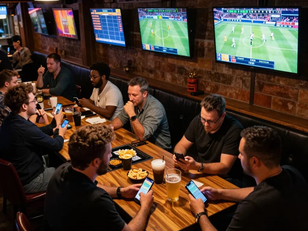 Exciting sports betting atmosphere at Fabet with patrons actively placing bets