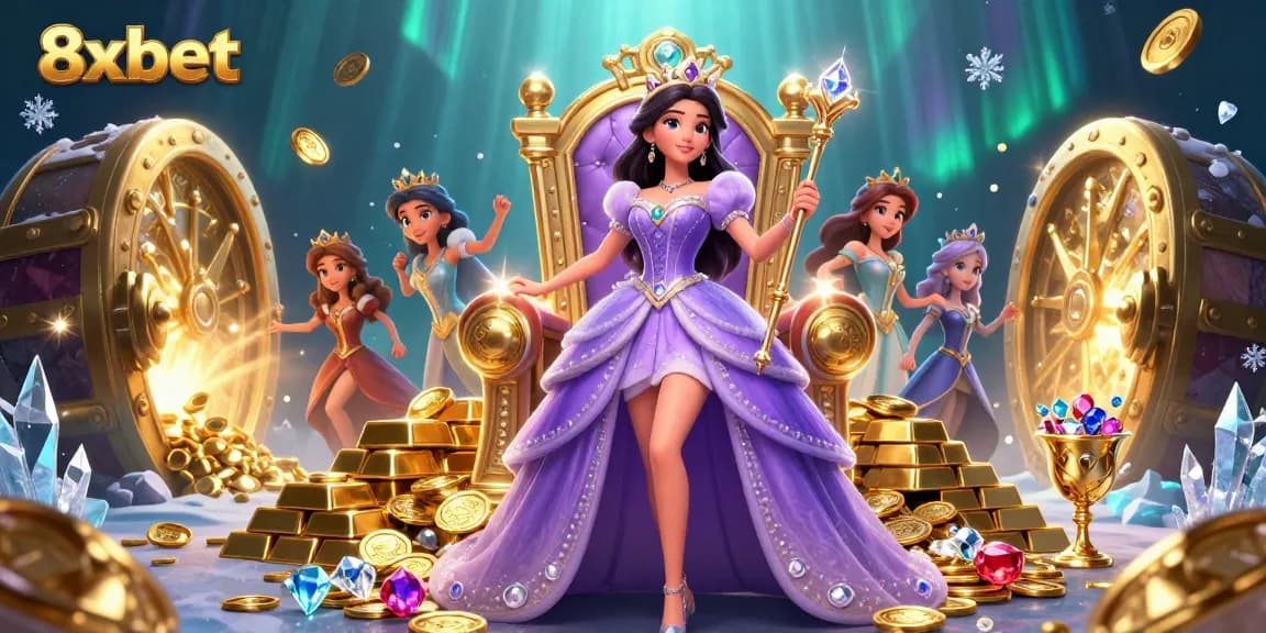 Experience the thrill at 8xbet, illustrated with riches, a regal figure, and vibrant casino elements.