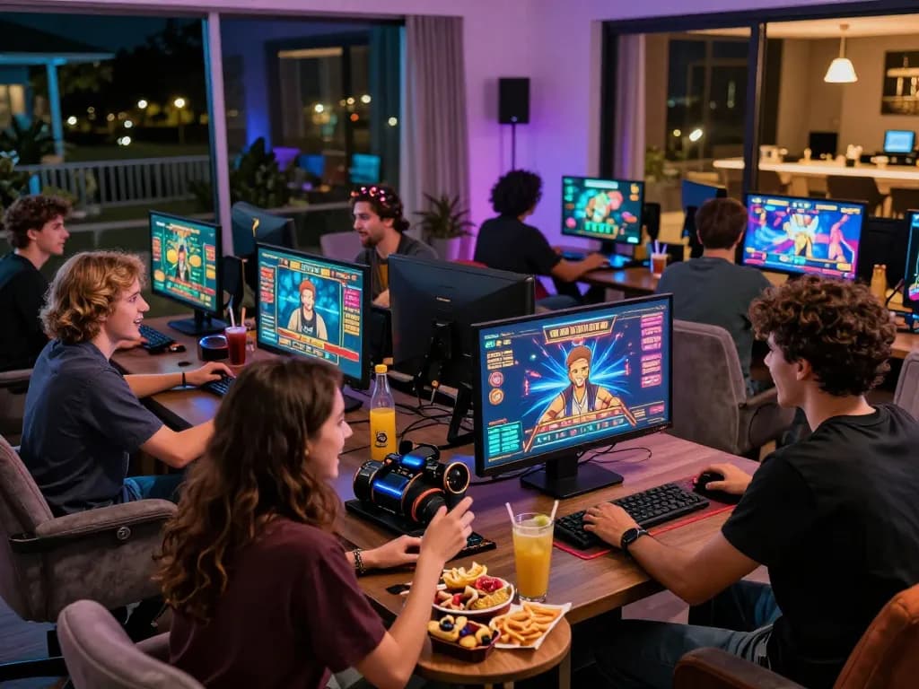 Dynamic group enjoying online gambling games at home with rikbet digital interfaces.