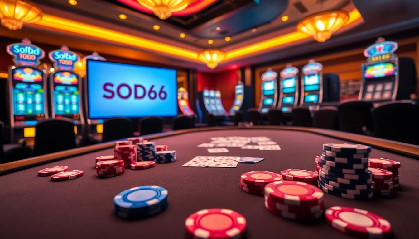 SODO66 enhances the gaming experience with a vibrant poker table filled with chips and cards.