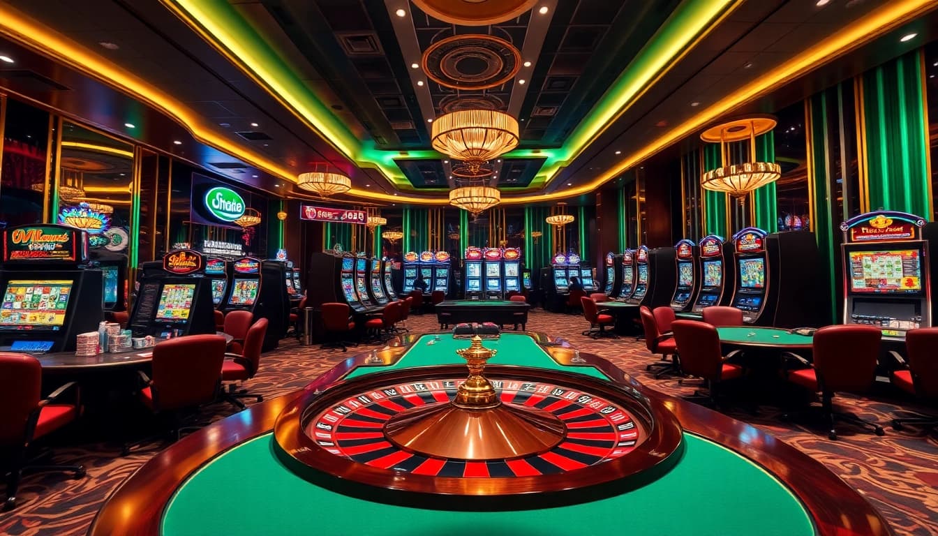 Experience the excitement of gaming at vu88.com with slot machines and roulette wheels at a luxury casino.
