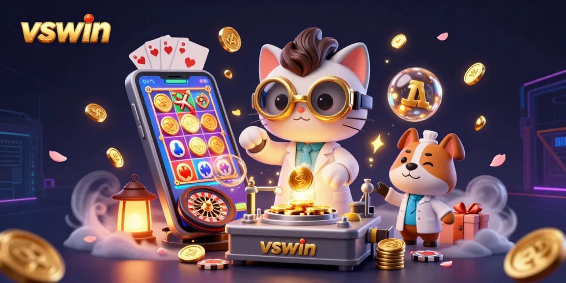 Experience exciting gameplay with VSWIN's vibrant casino scene featuring a mad scientist cat and slot games.