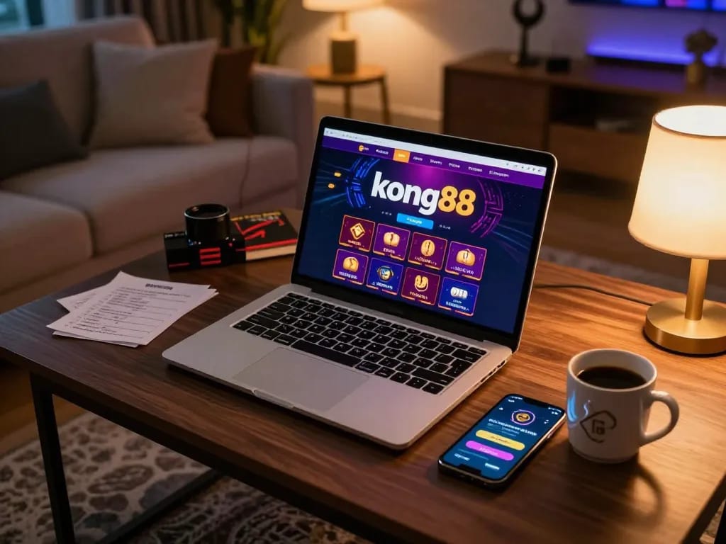 Kong88 online gaming setup with a laptop showing casino interface and strategic notes.