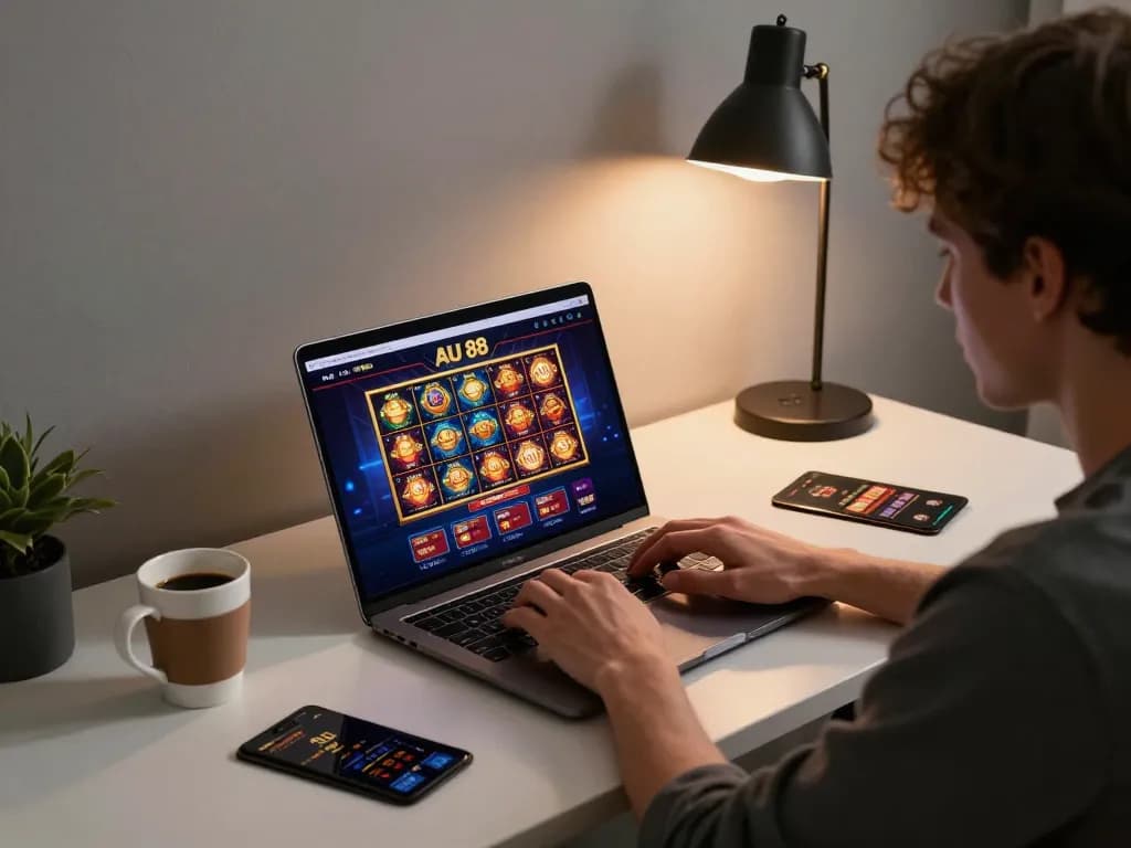 Player engaged with AU 88 online casino on laptop, showcasing vibrant gaming interface.