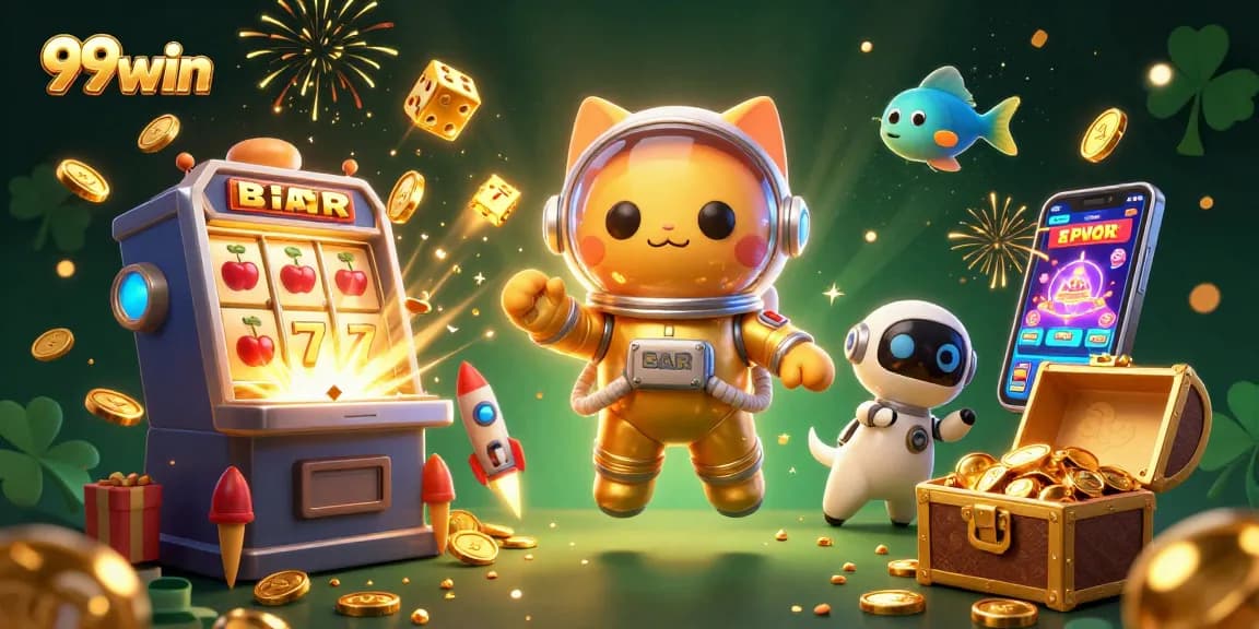 Experience the excitement of 99win with a thrilling golden jackpot party showcasing floating characters and shimmering symbols.
