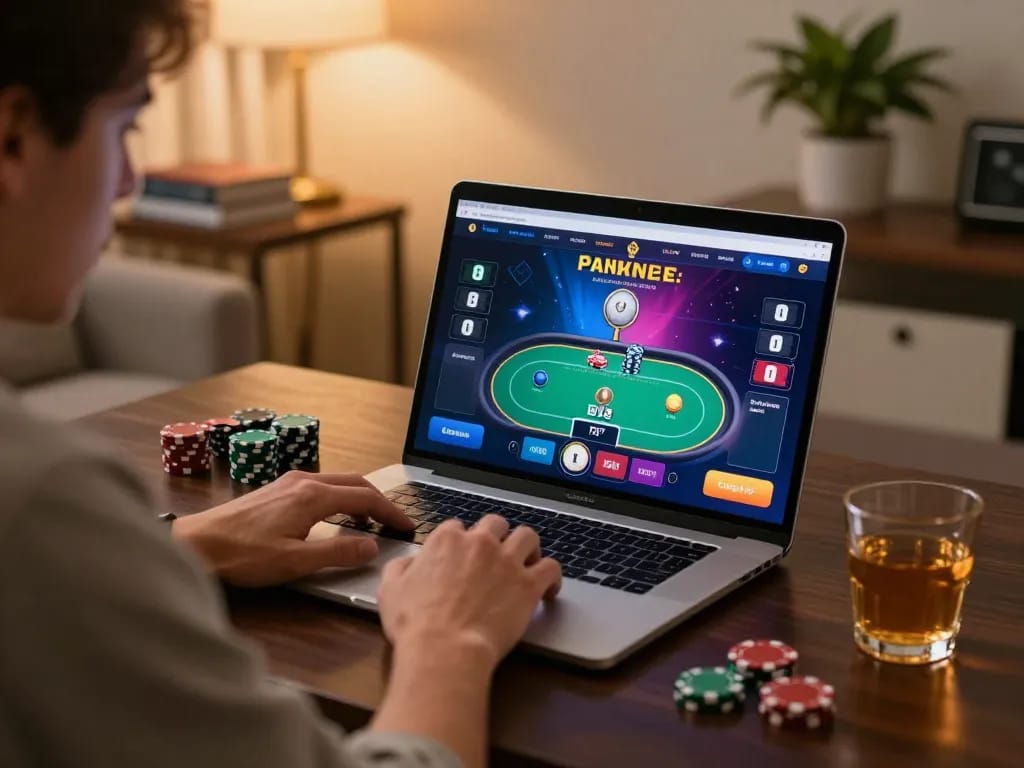 GO99 online poker player engaged in live game at cozy home setup with chips and strategy notes.
