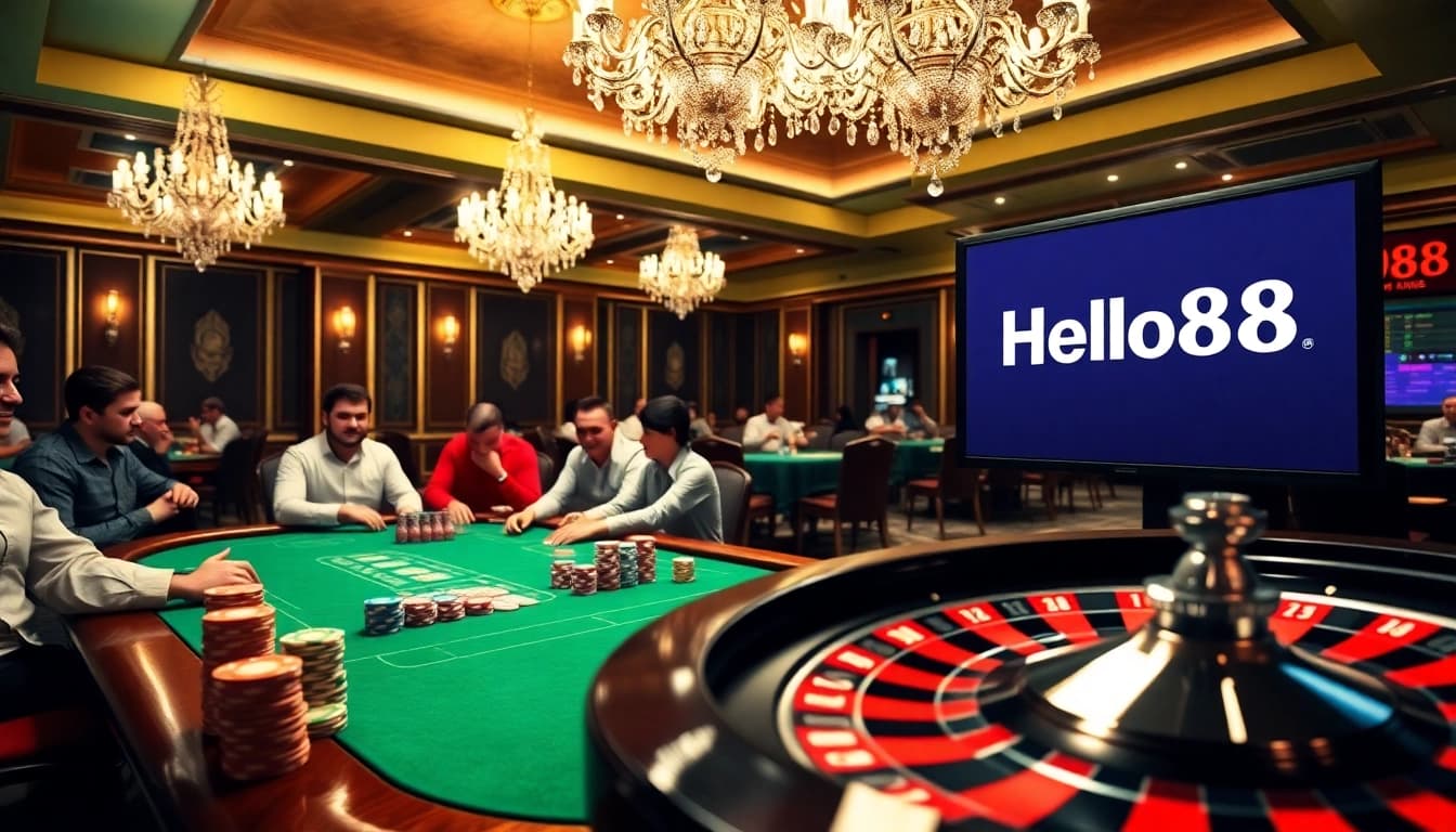 Excited players enjoy poker at a vibrant Hello88 casino scene with Roulette and online gaming interface.