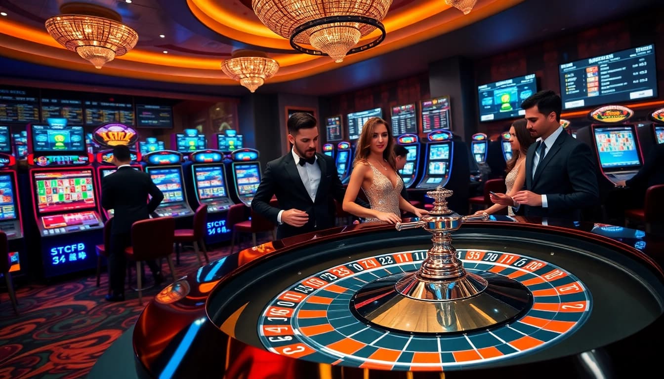 Betting enthusiasts enjoying a thrilling game at 789F casino with roulette and slot machines.