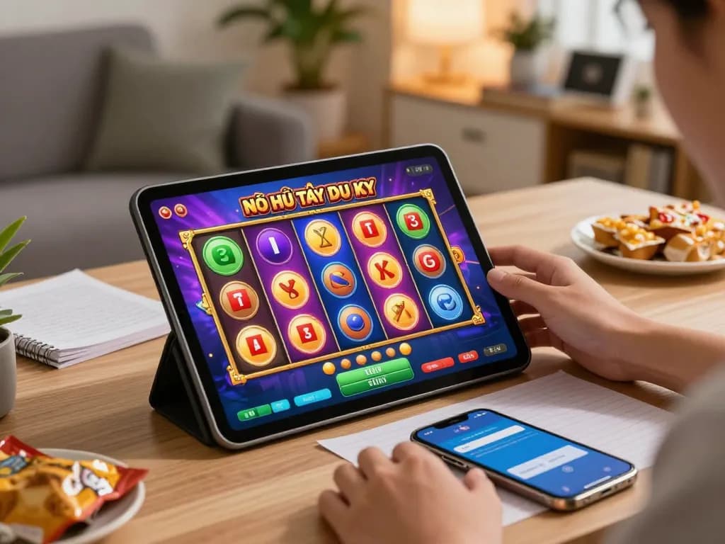 Player enjoying Nổ Hũ Tây Du Ký on tablet at home, highlighting go8 experience and responsible gaming.