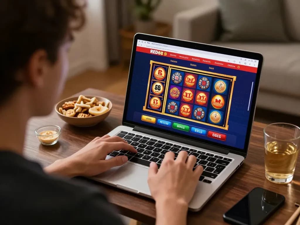Engaging with RED88 casino online slots in a cozy home gaming setup for responsible entertainment.