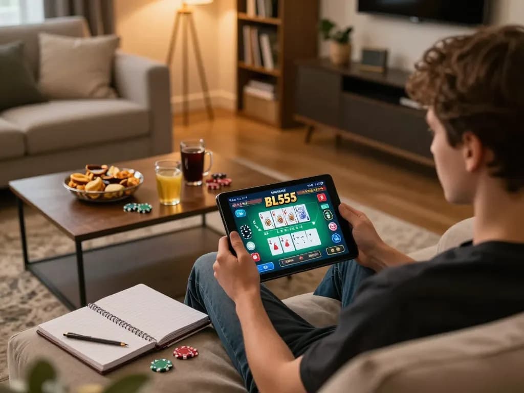 Engaging home poker scene with BL555 gaming setup showing strategy notes and tablet interface.