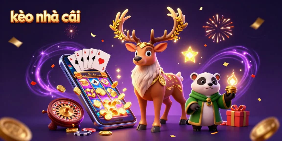 Engage with kèo nhà cái visuals, showcasing a vibrant scene of a mystical stag, badger, and dynamic gambling elements.