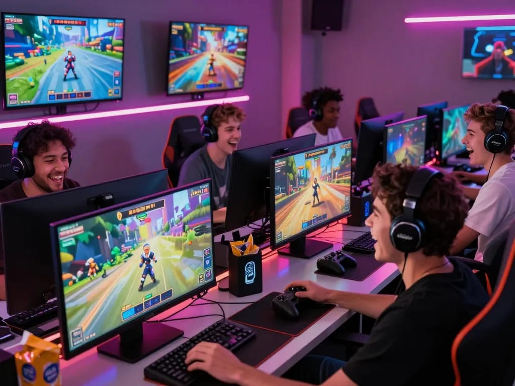 Players enjoying immersive porn games on multiple screens in a vibrant gaming atmosphere.