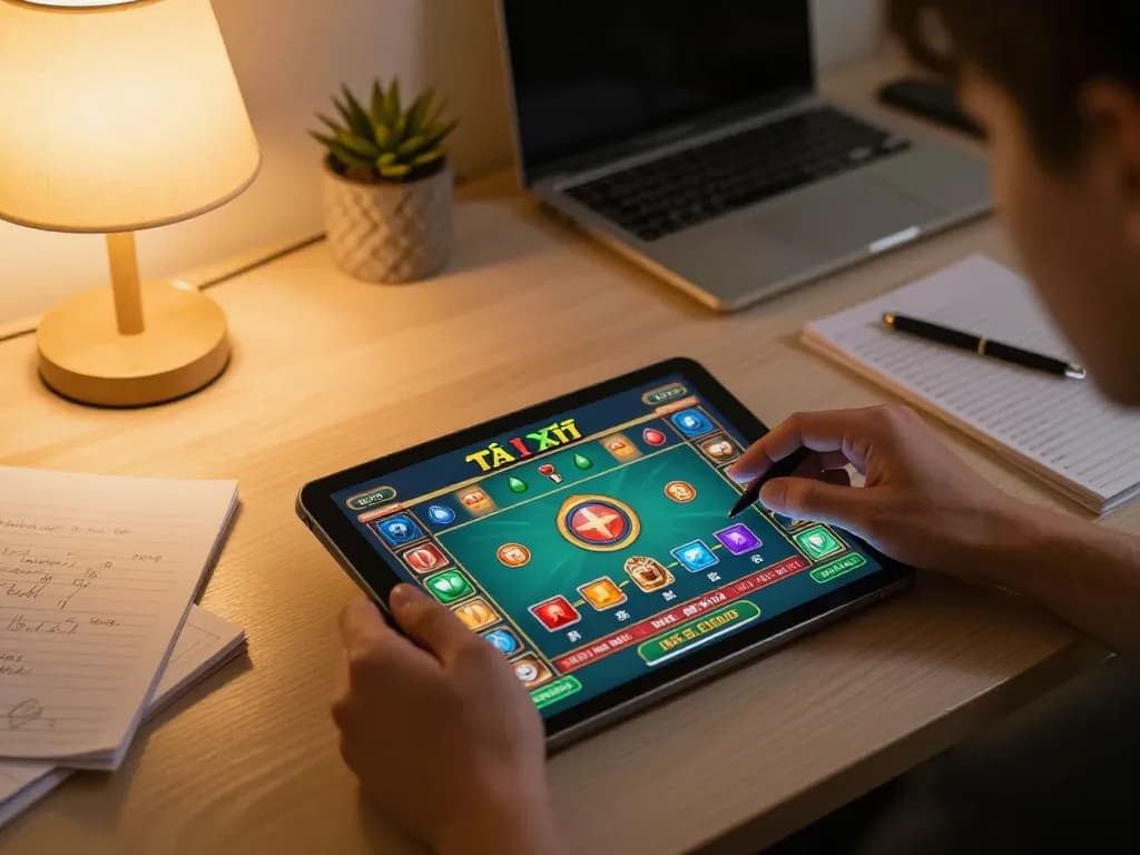 Tai Xiu Online player engaging with taixiuonlinego interface on tablet in a cozy home setting.