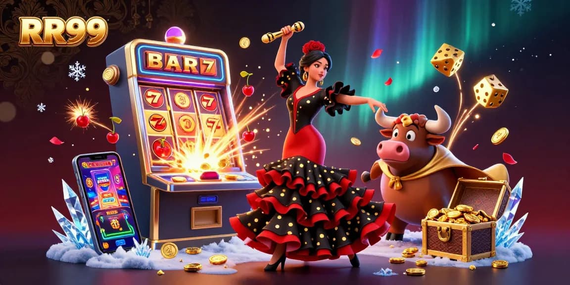 Experience the thrill of RR99 with colorful casino visuals featuring a dancing flamenco woman and a bull.
