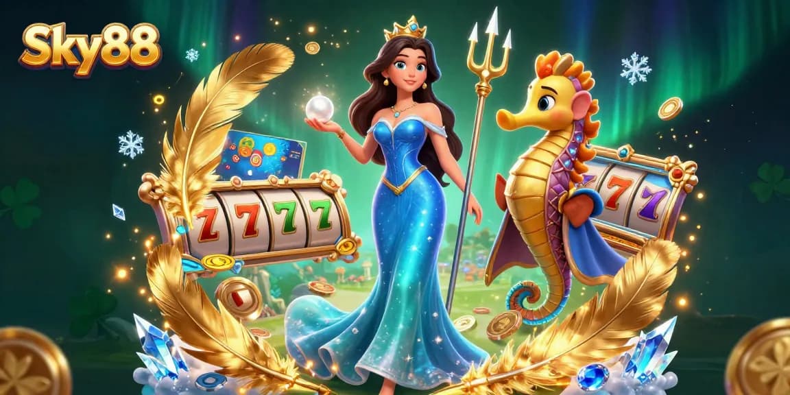 Spin to win with Sky88 in this vibrant casino illustration filled with excitement and treasure.