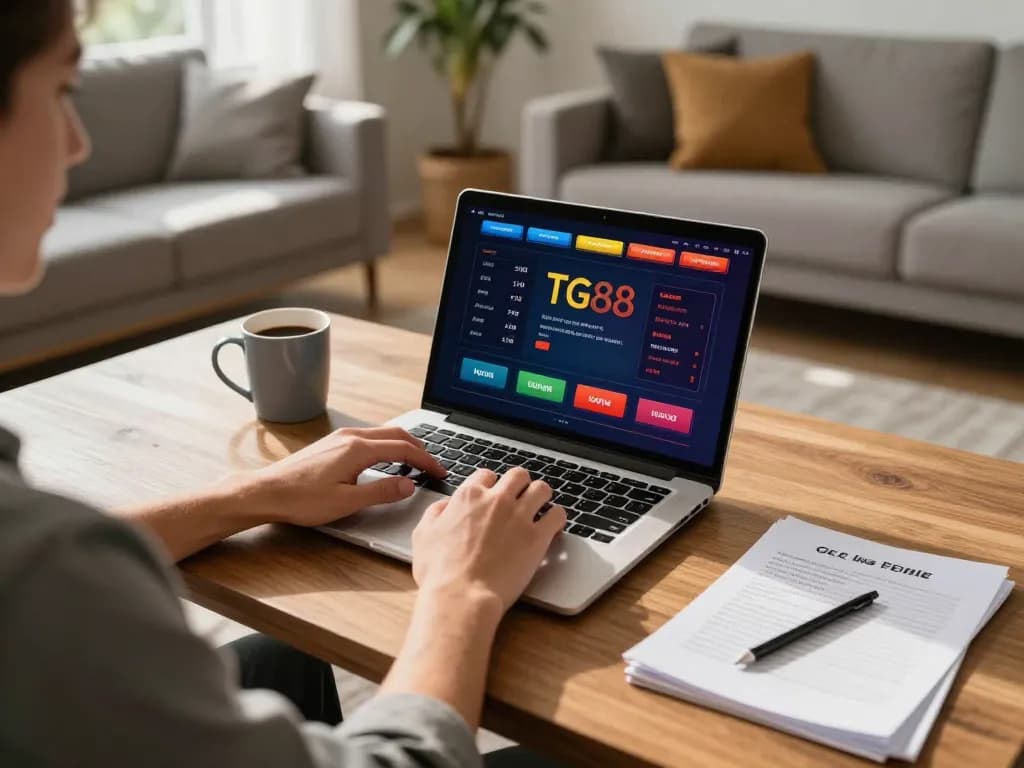 Player using the TG88 platform on a laptop, showcasing an engaging online casino experience.