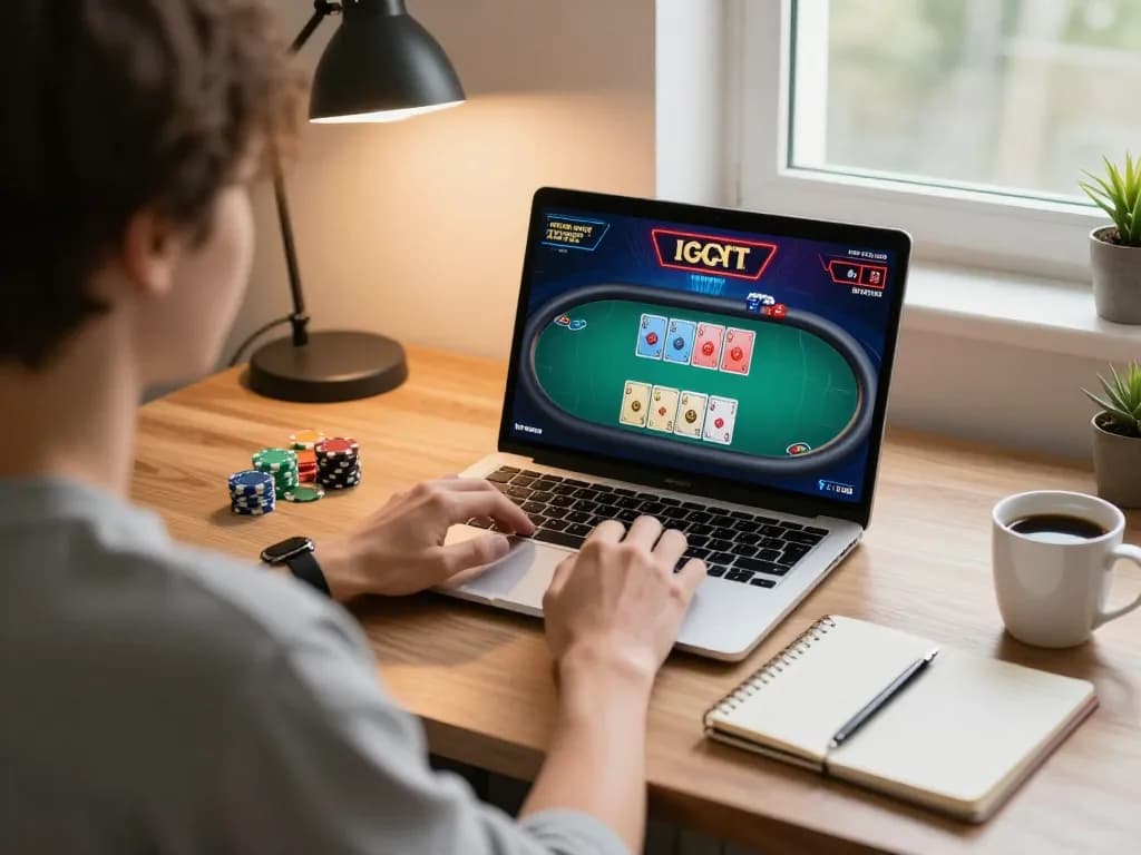 Player strategizing in a thrilling 78wim online poker game setup at home.