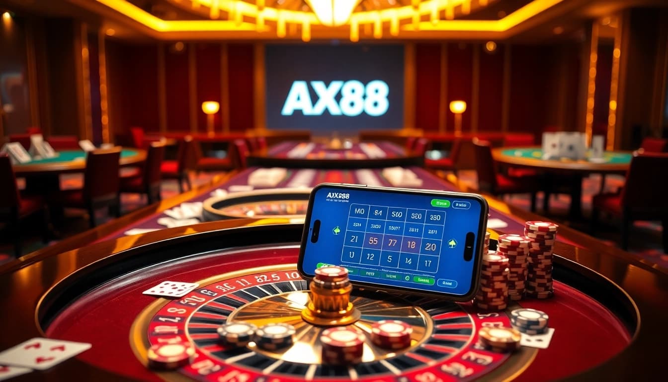 Experience luxury gambling at AX88 with poker chips, cards, and a roulette table.