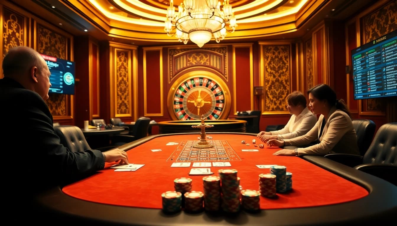 Engage in thrilling gameplay at Nhà cái vaoluoitv's luxurious casino table with vibrant poker chips.