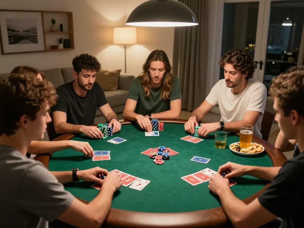 Friends enjoy a poker night at home, emphasizing their strategies and interactions with mb66.