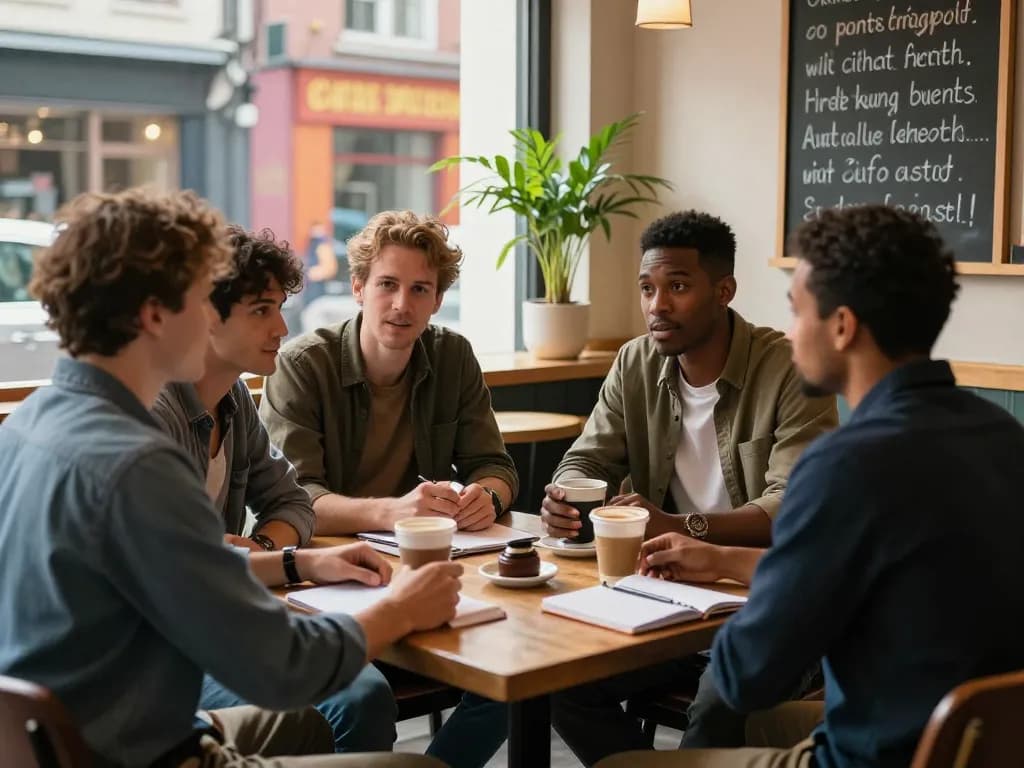 Men connecting at a café during a manclub discussion, fostering mental wellness through community support.