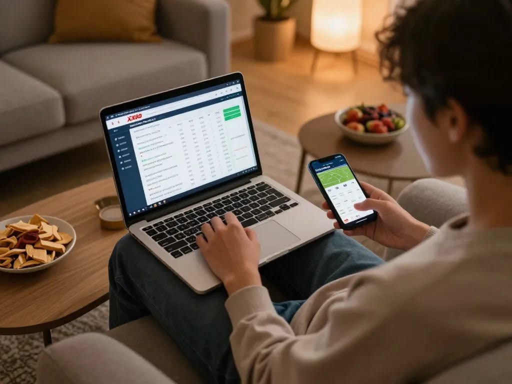 Engaging interaction with XX88 betting platform during home sports gaming.