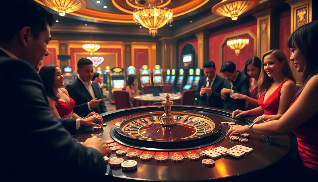 Enjoy a thrilling game at AU888’s roulette table, surrounded by eager players and vibrant casino colors.