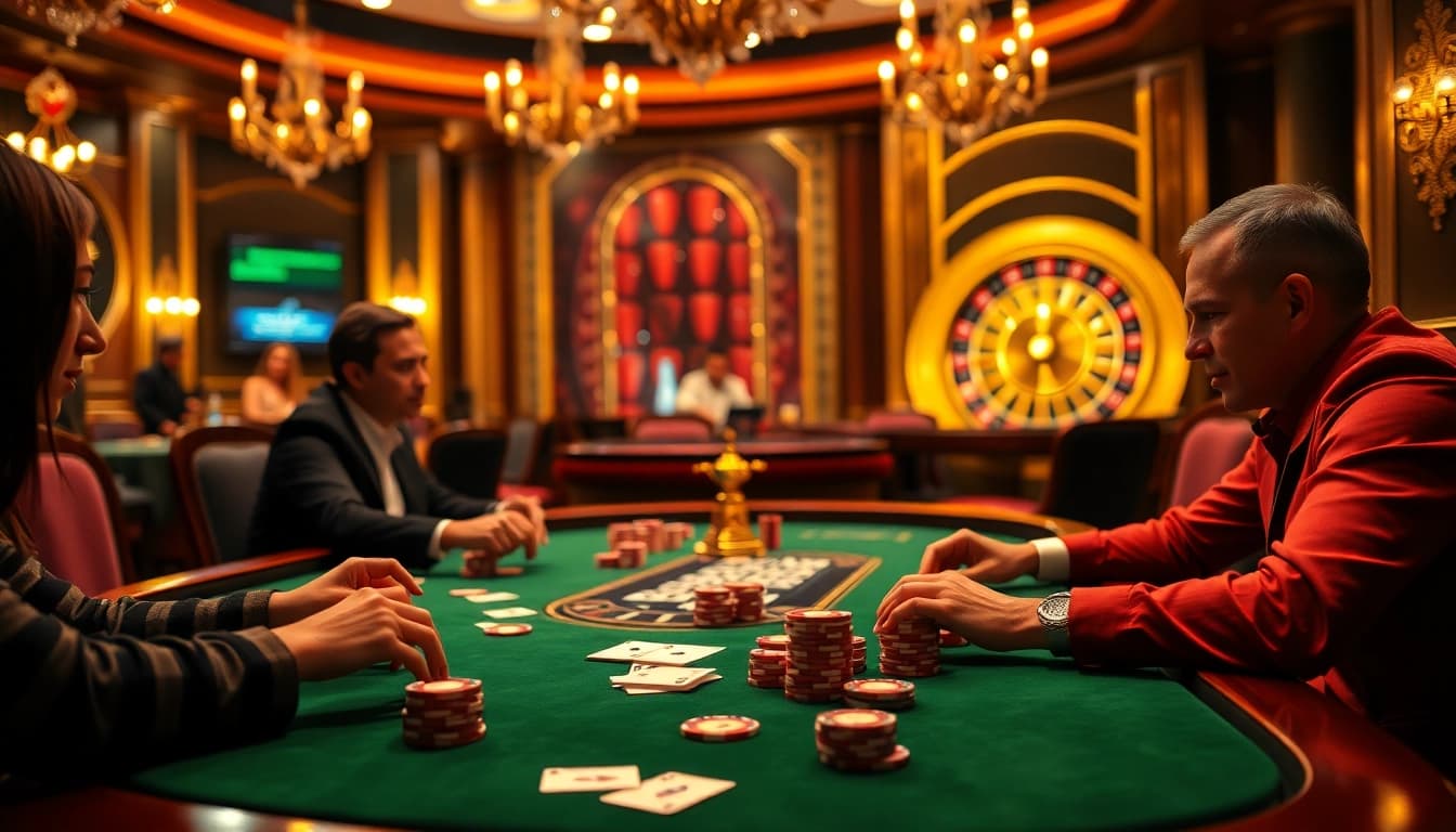 Engaging in a high-stakes poker game with vibrant chips and cards, inspired by http://pg88.tattoo/.