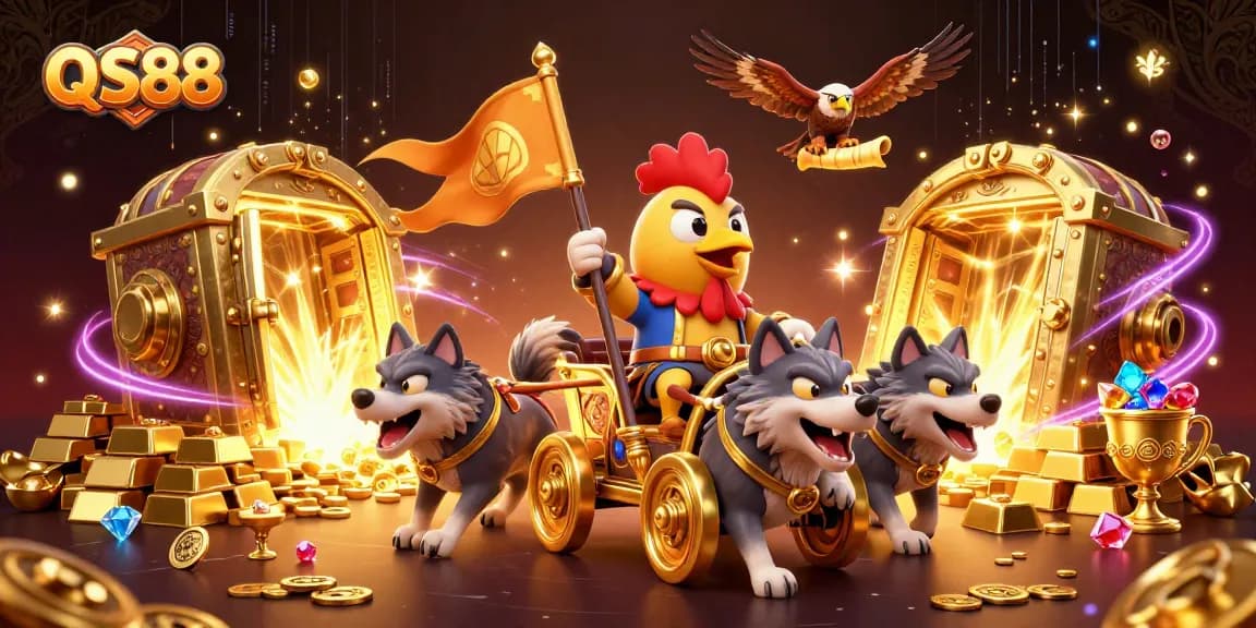 Experience thrilling gameplay at QS88 with animated rooster warlord, fierce wolves, and treasure galore!