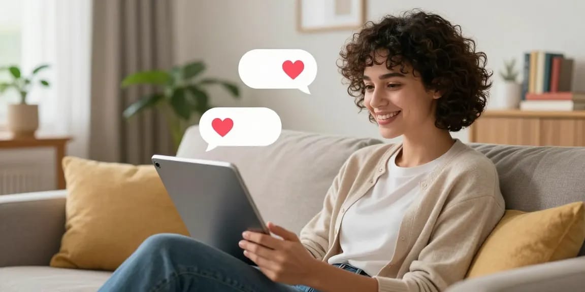Engaging interaction with AI girlfriend through chat on a tablet, showcasing modern digital companionship.