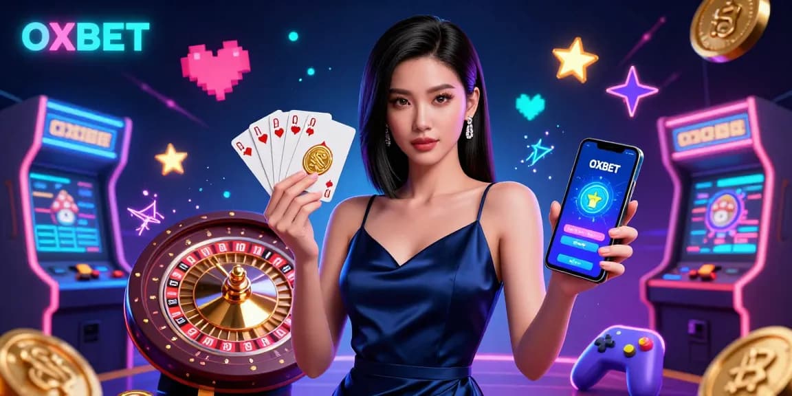 Experience the excitement of OXBET with a stunning woman showcasing casino games and apps in a vibrant 3D setting.