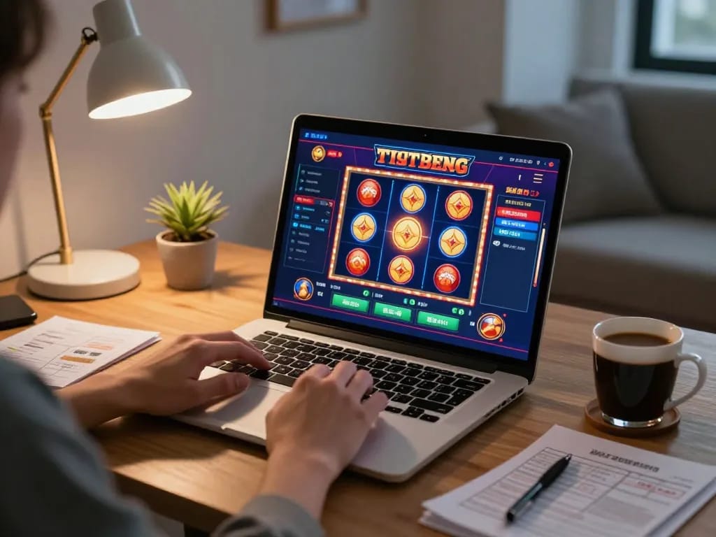 Engaging scene of online gaming with Ricbet showing vibrant slot machine graphics and cozy home setup.