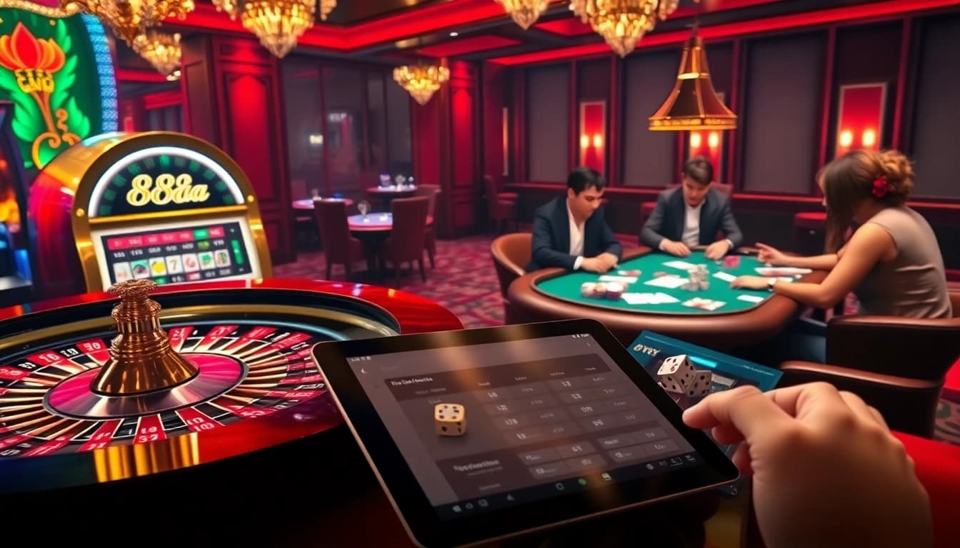 Engaging players at the 88aa casino table, surrounded by vibrant game elements and high-stakes excitement.