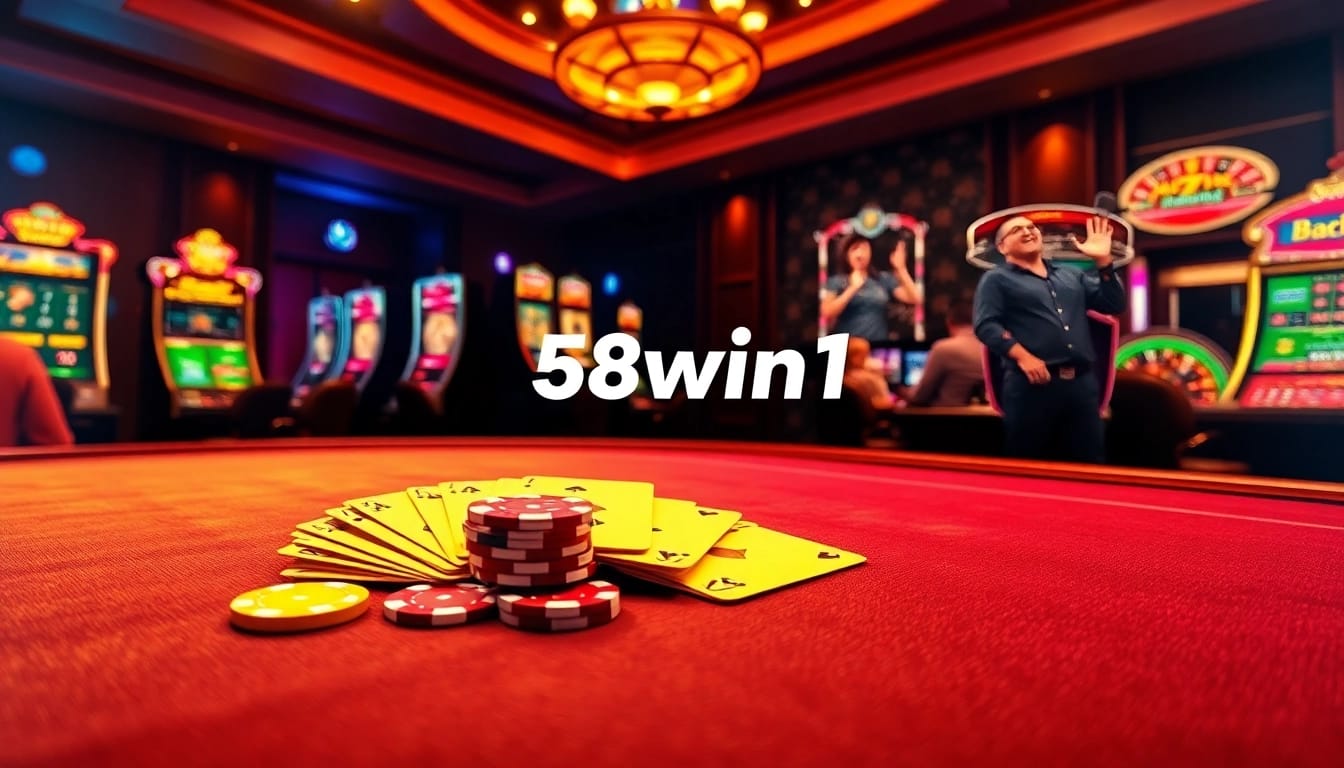 Engaging gamblers in a luxurious casino scene with 58win1's gaming excitement.